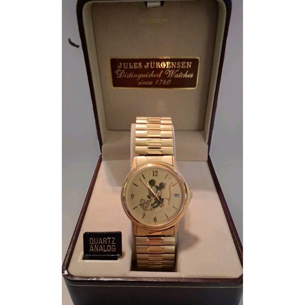 Jules Jurgensen Disney Mickey Mouse Watch Gold Plated Quartz Wristwatch With Box